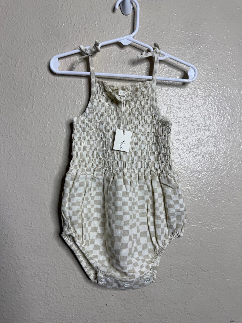 Rylee + Cru Kaia Romper Dove Check Smocked Linen Blend Bubble 2-3Y NWT